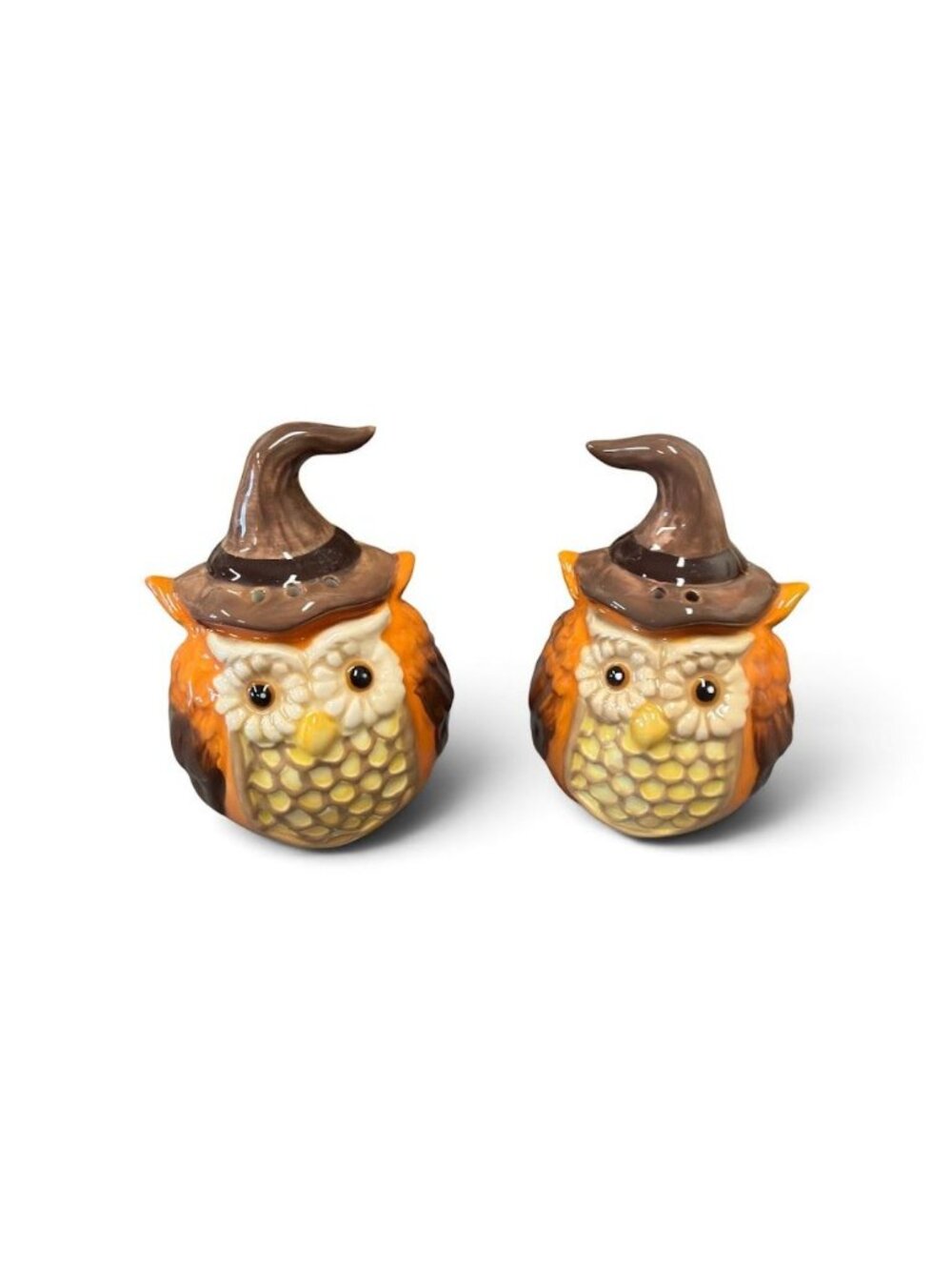 Ceramic Owl Salt & Pepper Shakers With Halloween Witch Hat Design